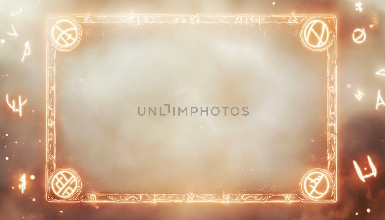 Orange background with glowing nordic rune frame and abstract symbols floating around