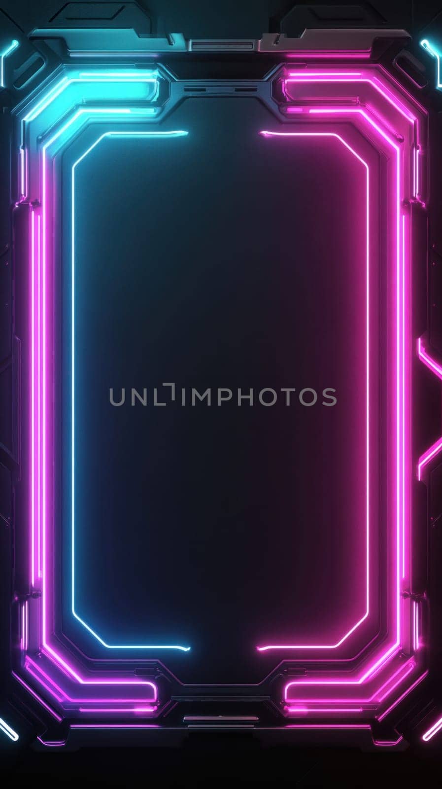 Vibrant pink and blue neon lights illuminating a futuristic frame, creating a striking visual