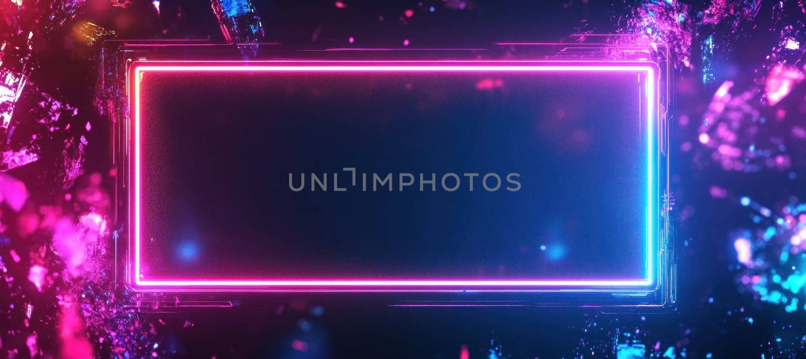 Empty rectangular frame glowing with pink and blue neon light against a dark, abstract digital background with colorful particles