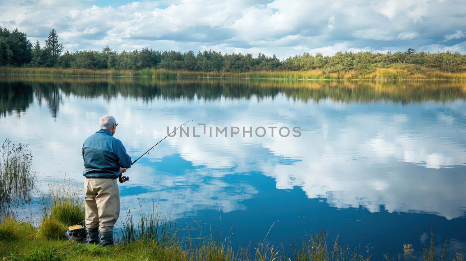 Elderly fisherman casts his line into a serene lake, the cloudy sky beautifully reflected in the water