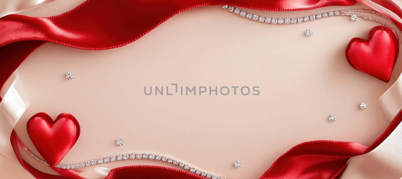 Elegant valentine's day background featuring red satin ribbons, sparkling diamonds, and plush hearts on a soft pink backdrop, creating a romantic and luxurious setting