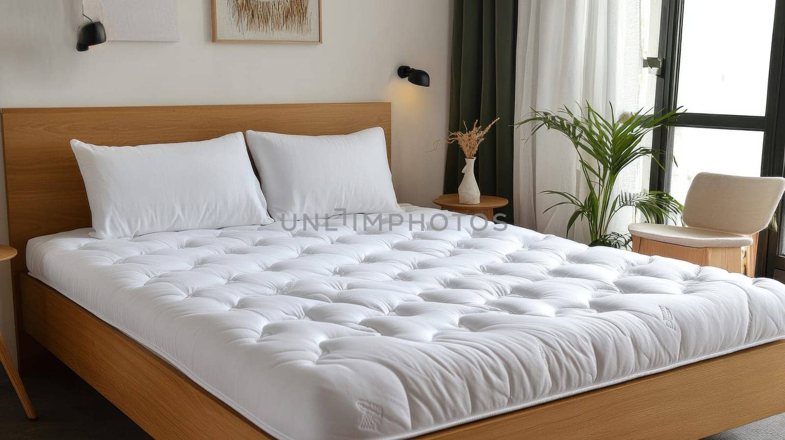 White mattress topper on bed with wooden frame, offering comfortable and restful sleep in a modern bedroom