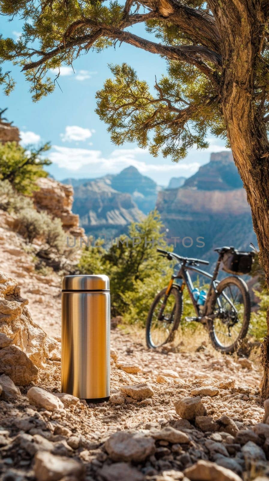 Shiny metal water bottle and mountain bike are resting on a trail overlooking the grand canyon on a sunny day