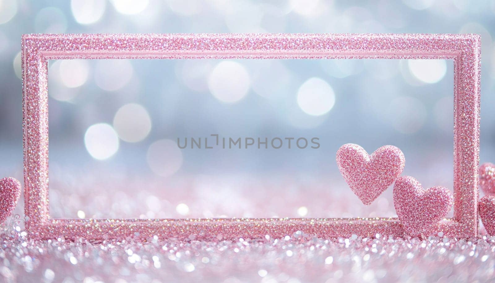 Pink glitter hearts and frame create a romantic scene on a sparkling background, perfect for valentine's day or wedding themes