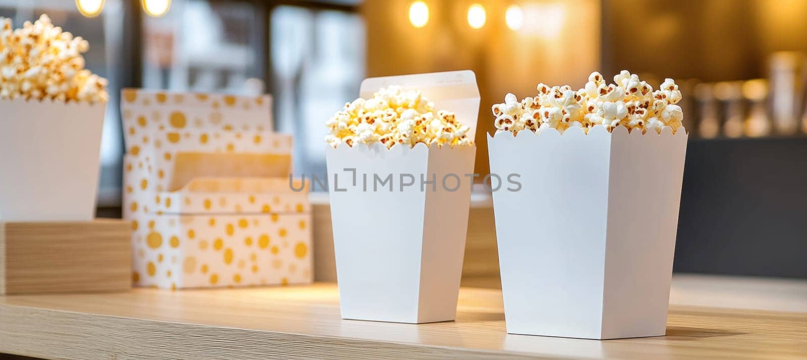White popcorn buckets overflowing with fluffy popcorn sit on a counter, ready for a movie night