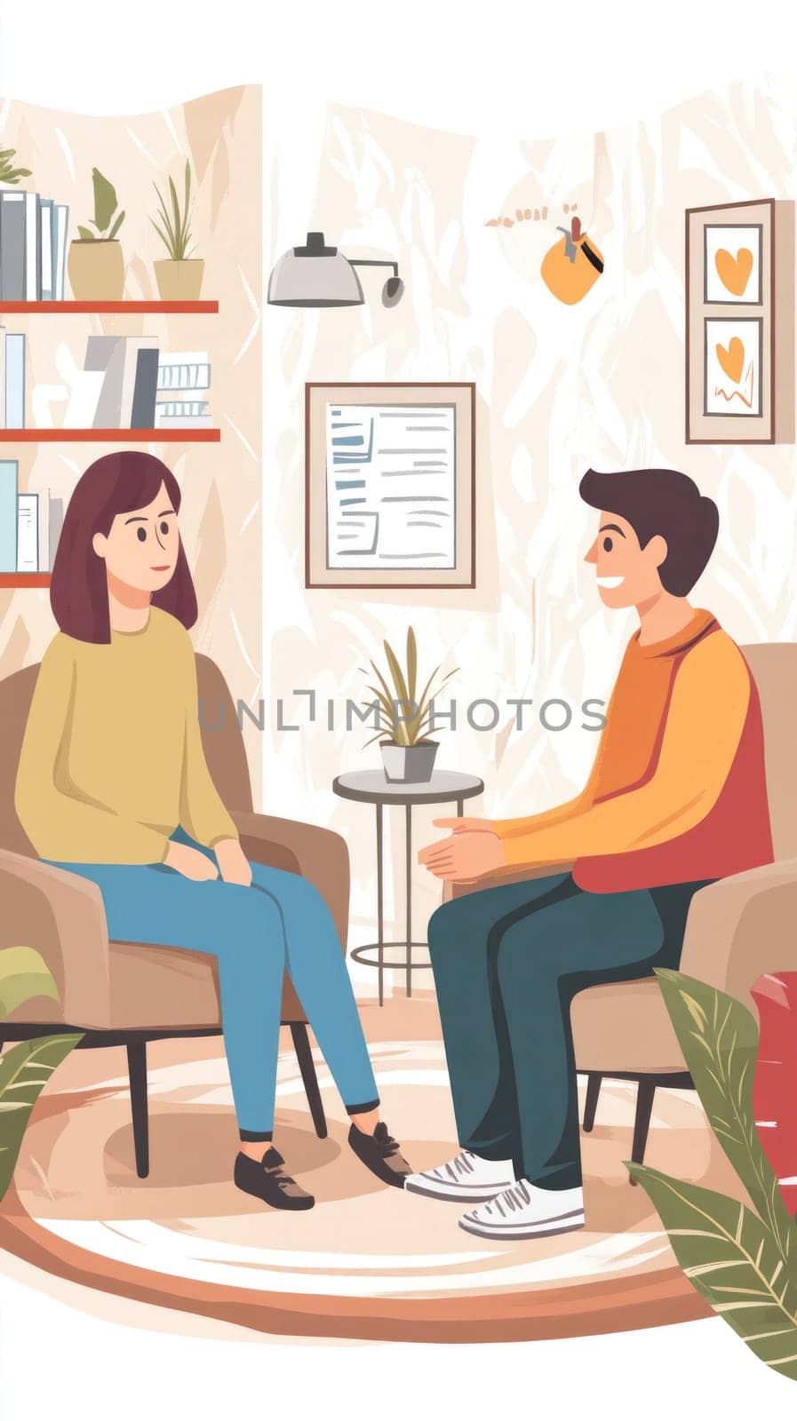 Psychologist listening to patient talking about problems during therapy session in cozy office