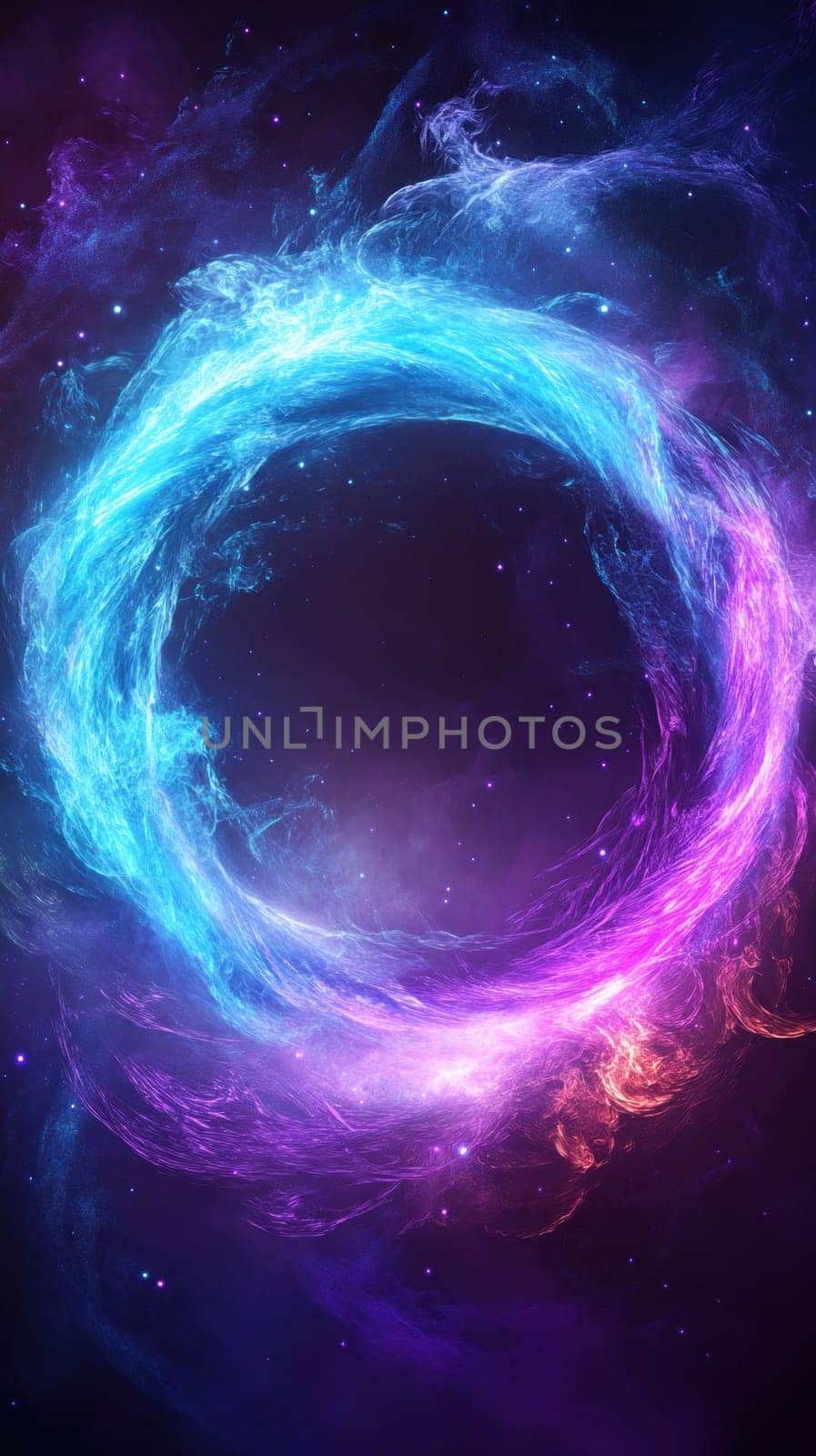 Wormhole connecting two universes, bending space and time with colorful nebula clouds