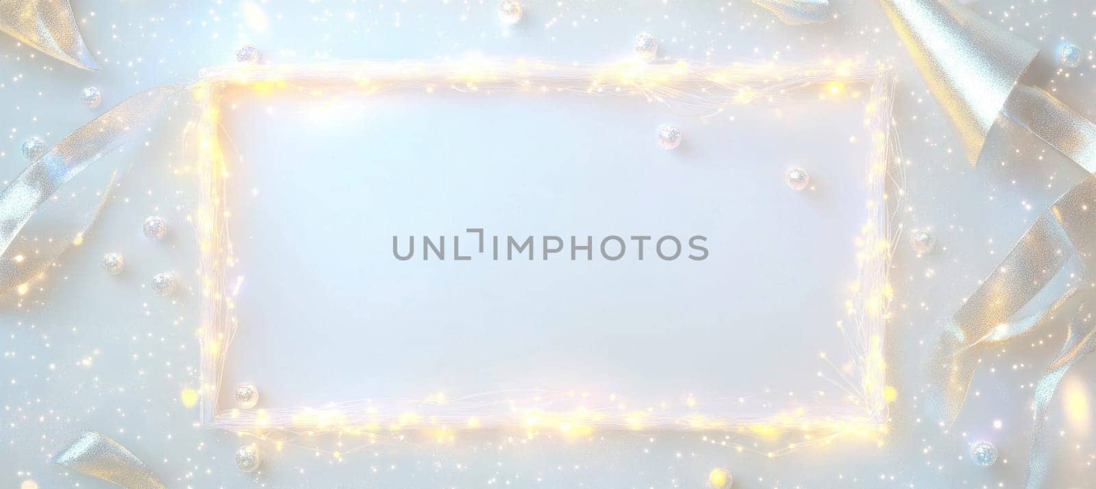 Christmas lights creating a glowing frame around silver decorations, ribbons, and ornaments on a soft blue backdrop