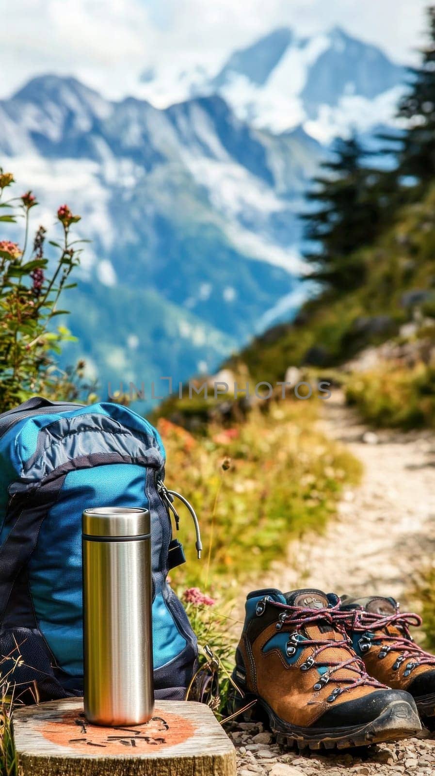 Hiking equipment resting on a mountain trail with a scenic view of snow capped peaks
