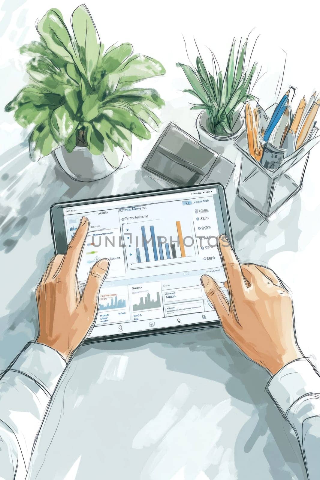 Businessman using digital tablet displaying financial charts and data, working in modern office environment