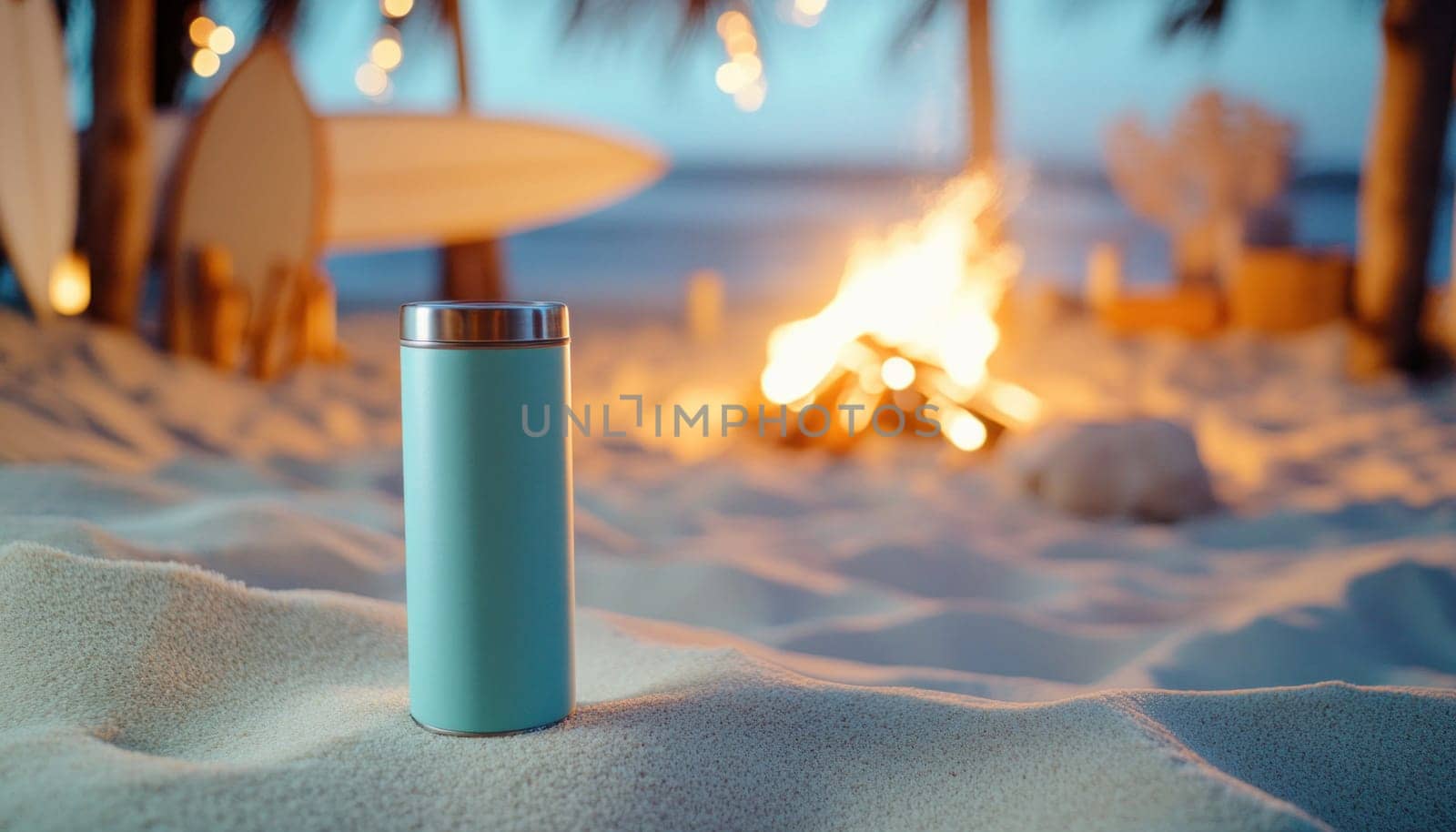 Reusable insulated metal water bottle standing on sand with bonfire and surfboards in the background on a tropical beach at dusk