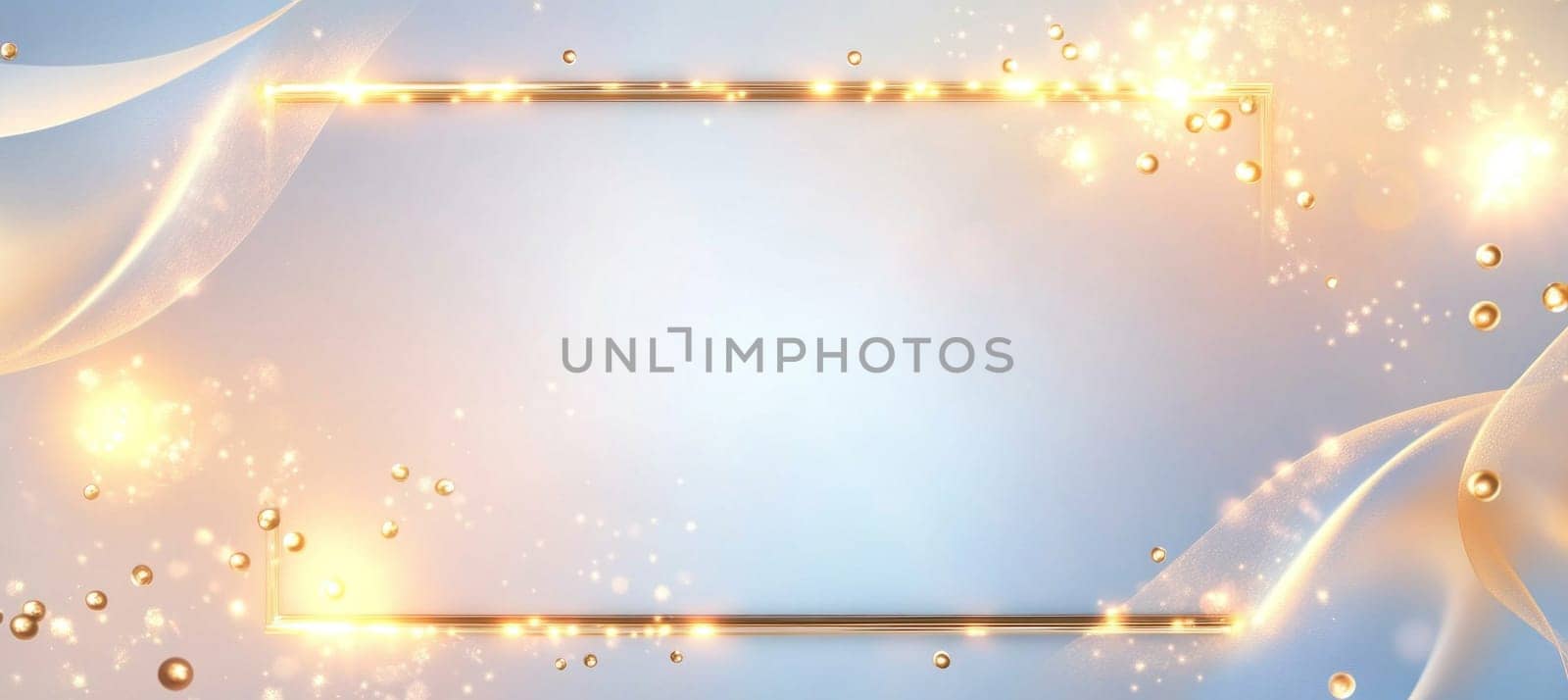Elegant background featuring a golden frame, soft waves, and floating spheres, creating a luxurious and dreamy atmosphere