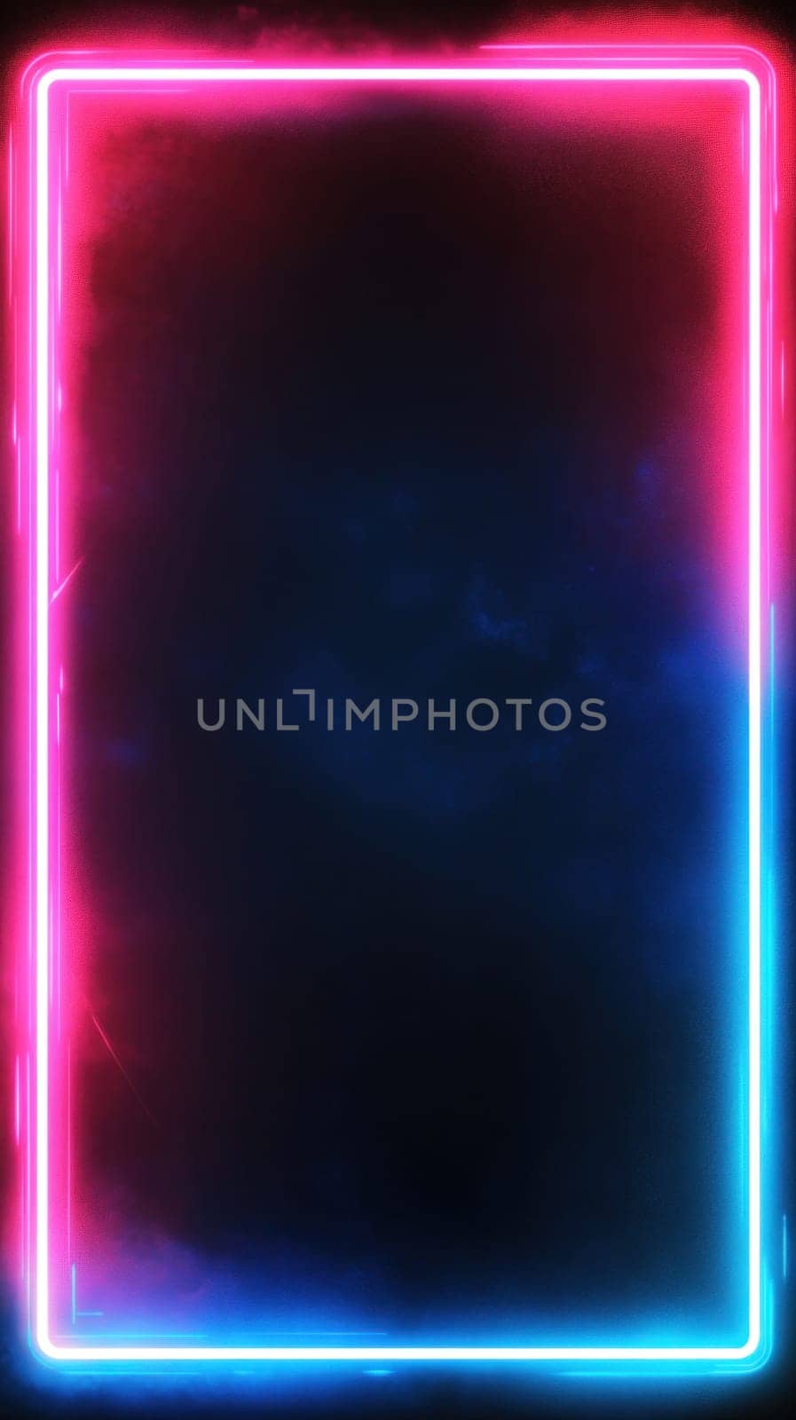Vibrant neon frame glows against a dark backdrop, accented by a subtle smoke or fog effect, creating a striking visual contrast