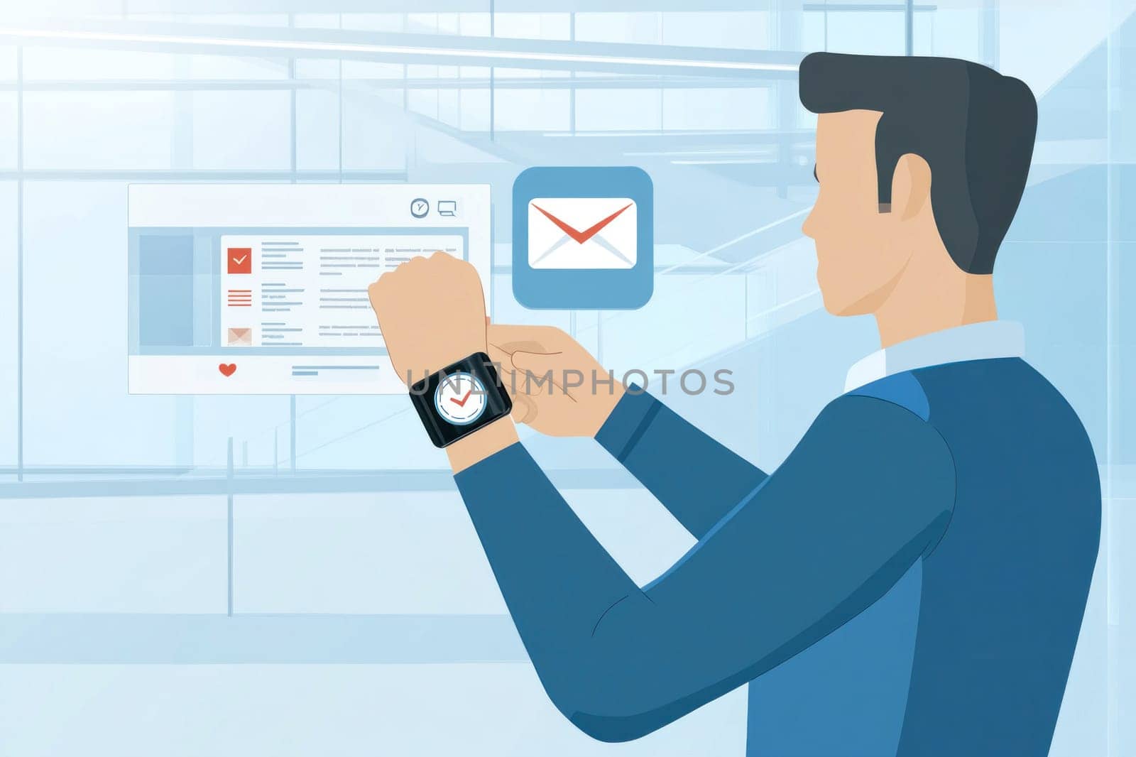 Businessman managing emails and business activities using a smartwatch, enhancing productivity and connectivity in a modern office environment