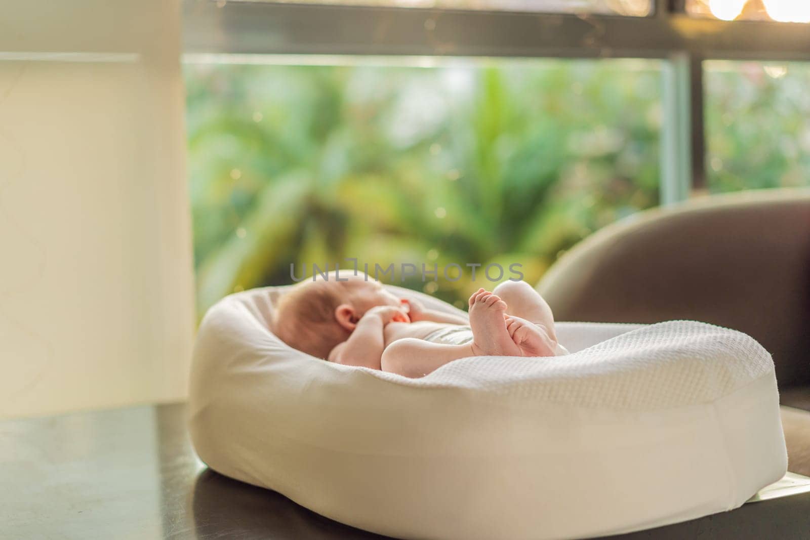 A newborn baby lies peacefully in their cozy sleep cocoon, gazing out of the window. A serene moment of curiosity and calm, symbolizing the early stages of life, peaceful reflection, and a connection with the outside world.