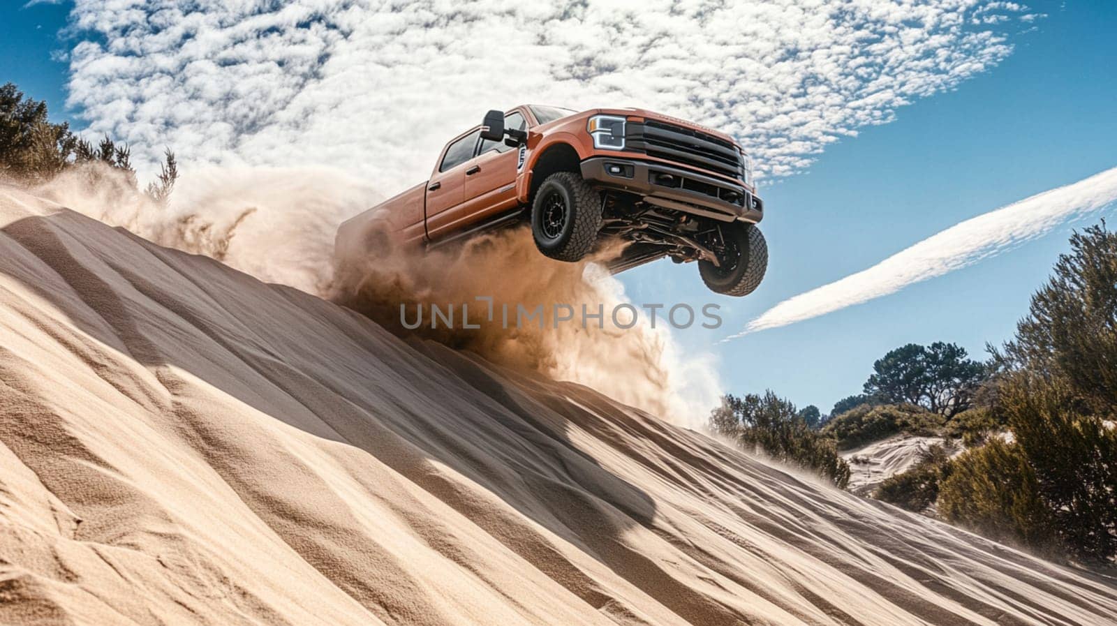 A powerful pickup truck soars over a sandy dune, kicking up dust while driving through a sunlit forested landscape, highlighting the excitement of off-road driving.