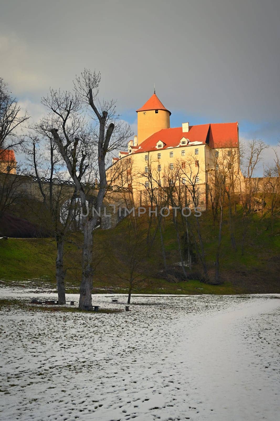 Beautiful Gothic castle Veveri. The city of Brno at the Brno dam. South Moravia - Czech Republic - Central Europe.