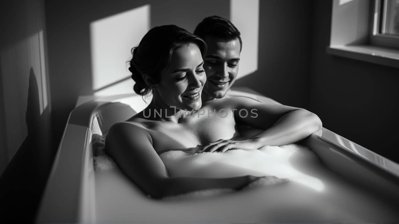 Monochrome image of a bathtub filled with foam. In the bathtub, a woman and a man in love are embracing. High quality photo