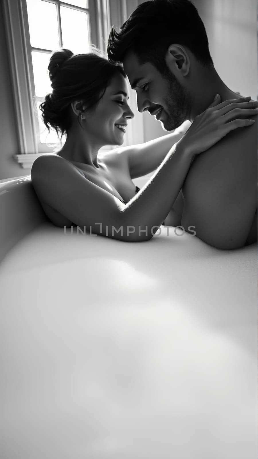 Monochrome image of a bathtub filled with foam. In the bathtub, a woman and a man in love are embracing. High quality photo