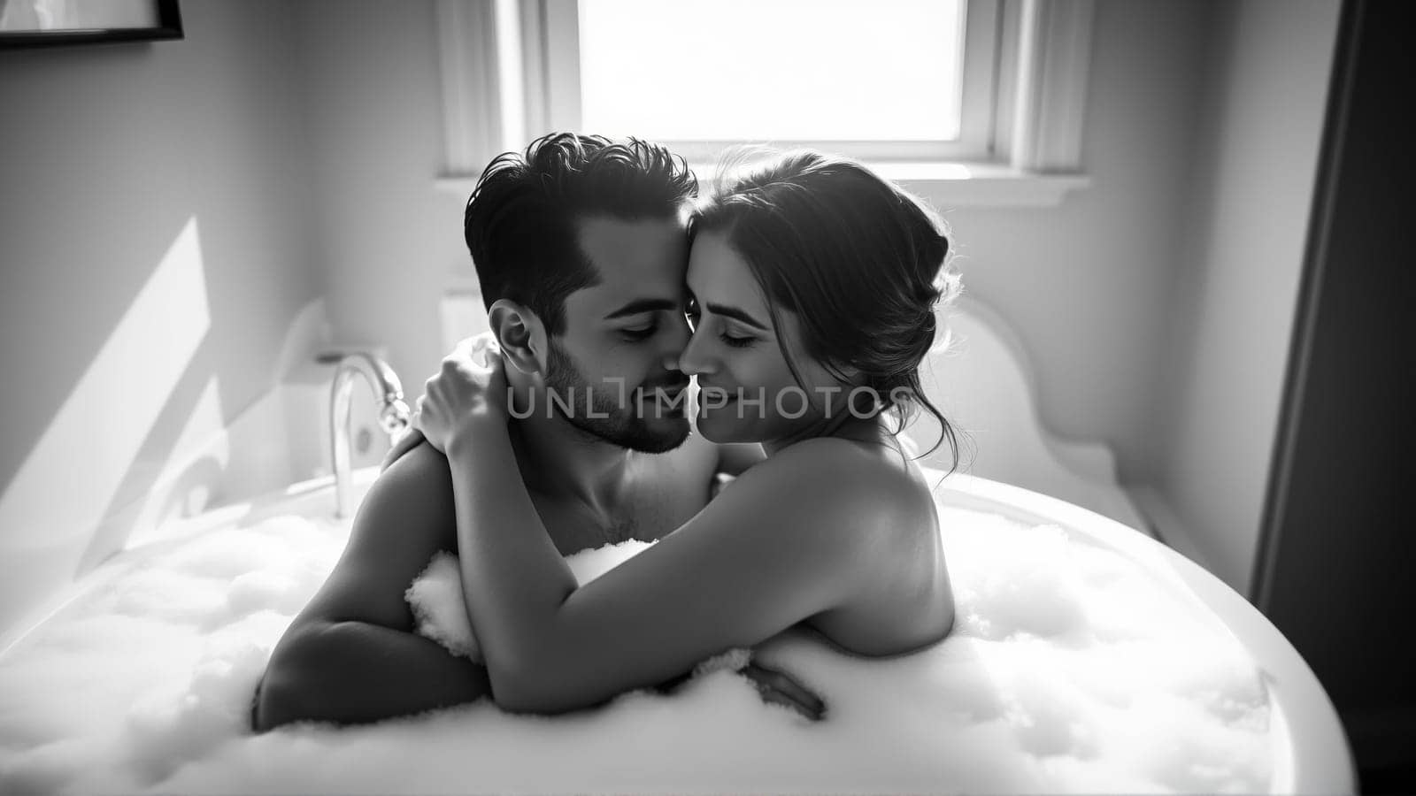 Monochrome image of a bathtub filled with foam. In the bathtub, a woman and a man in love are embracing. High quality photo