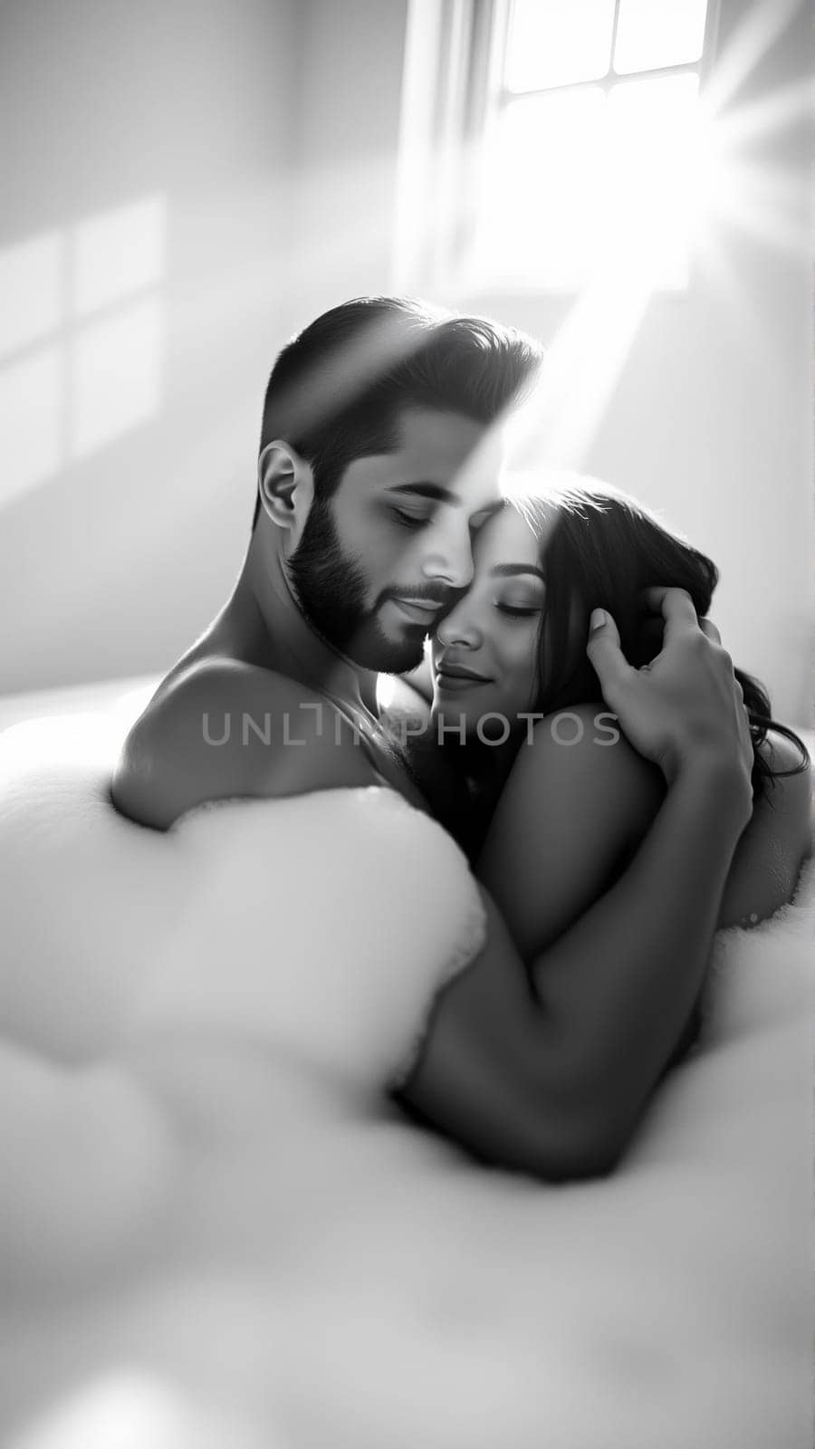 Monochrome image of a bathtub filled with foam. In the bathtub, a woman and a man in love are embracing. High quality photo