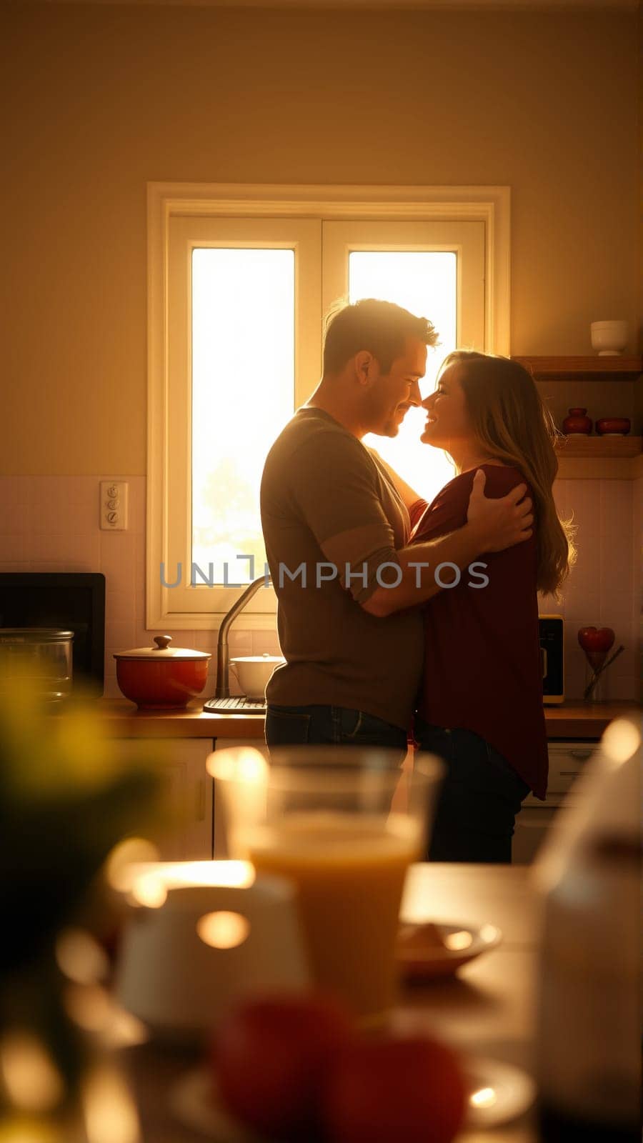 A married couple hugs in the morning in the kitchen. A man and a woman in love hugging each other in the rays of the morning sun. High quality photo