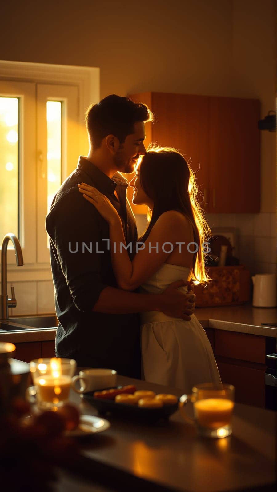 A married couple hugs in the morning in the kitchen. A man and a woman in love hugging each other in the rays of the morning sun. High quality photo