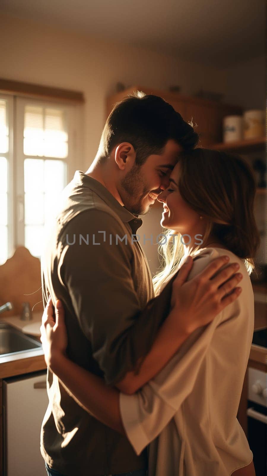 A married couple hugs in the morning in the kitchen. A man and a woman in love hugging each other in the rays of the morning sun. High quality photo