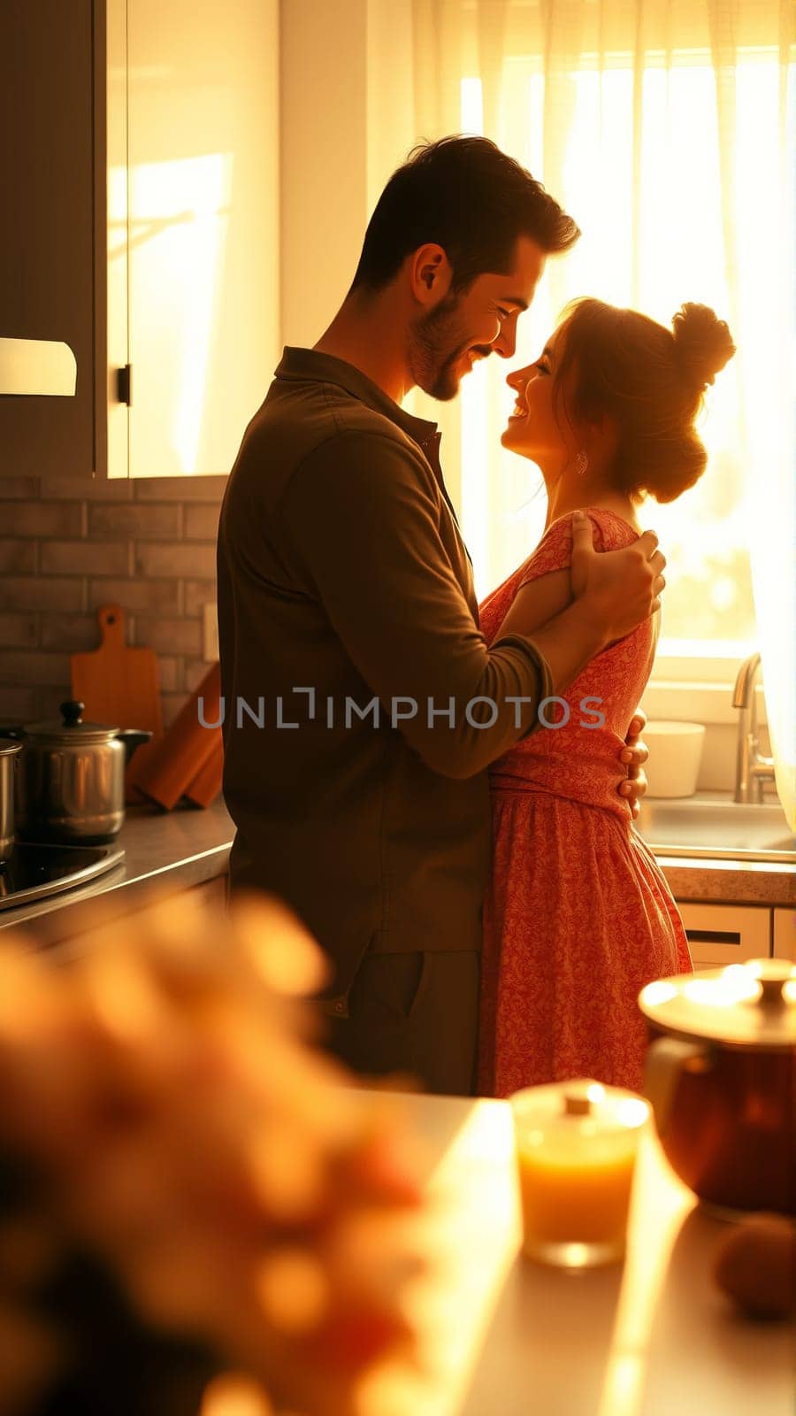 A married couple hugs in the morning in the kitchen. A man and a woman in love hugging each other in the rays of the morning sun. High quality photo