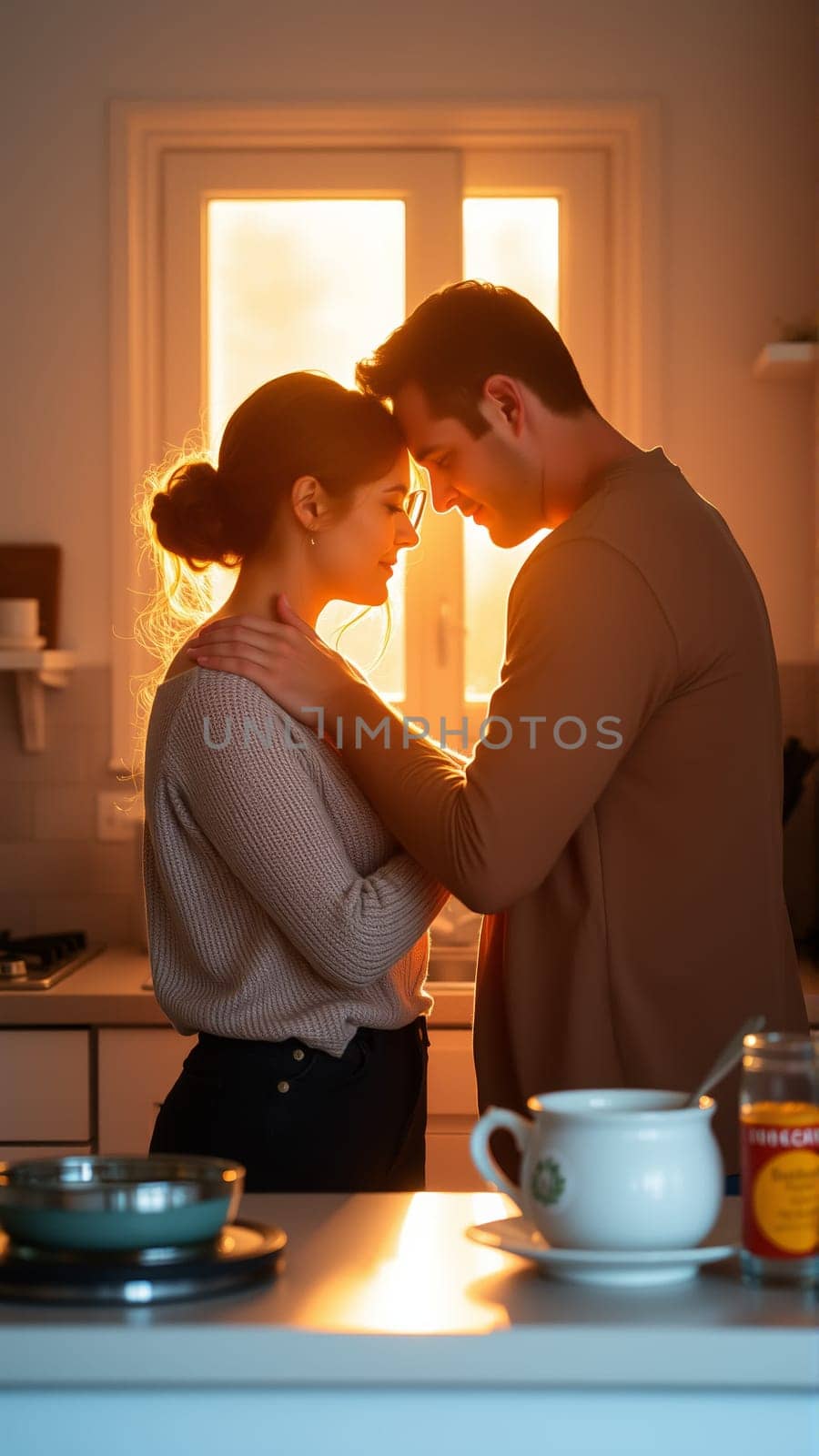 A married couple hugs in the morning in the kitchen. A man and a woman in love hugging each other in the rays of the morning sun. High quality photo