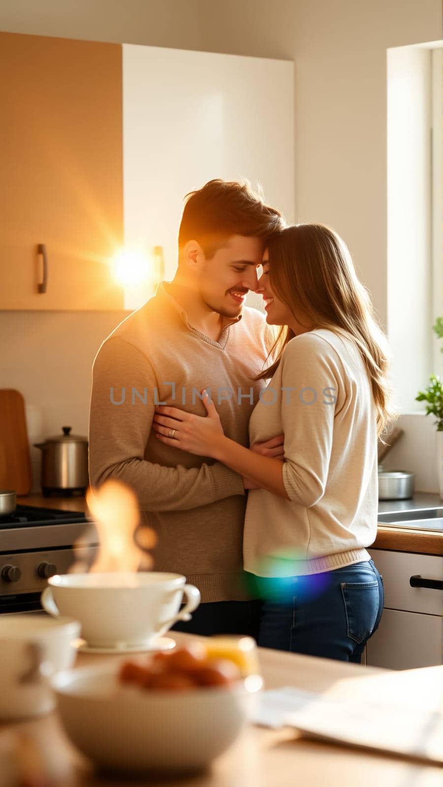 A married couple hugs in the morning in the kitchen. A man and a woman in love hugging each other in the rays of the morning sun. High quality photo