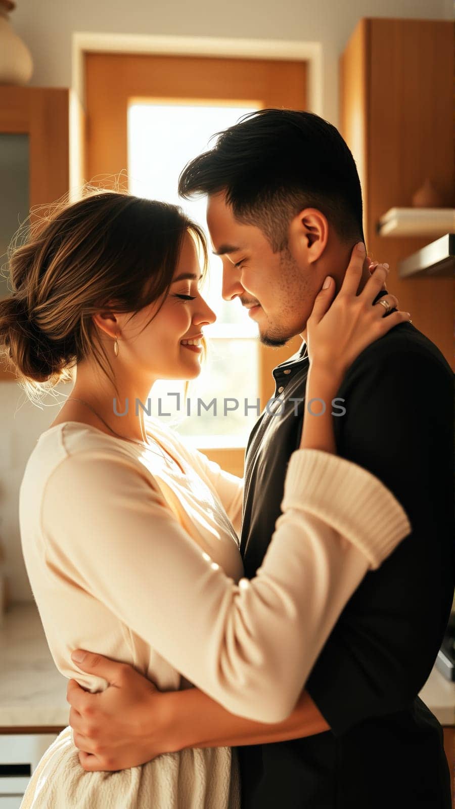 A married couple hugs in the morning in the kitchen. A man and a woman in love hugging each other in the rays of the morning sun. High quality photo