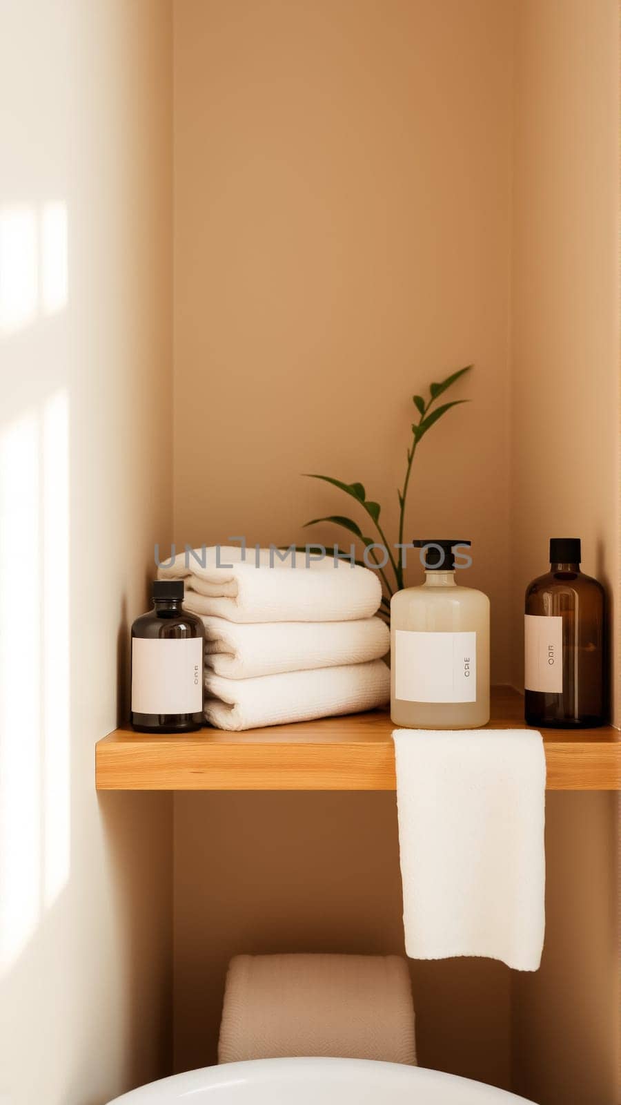 Spa treatment set, wooden shelf with neatly folded towels and dispensers for soap, cream, massage oil. High quality photo