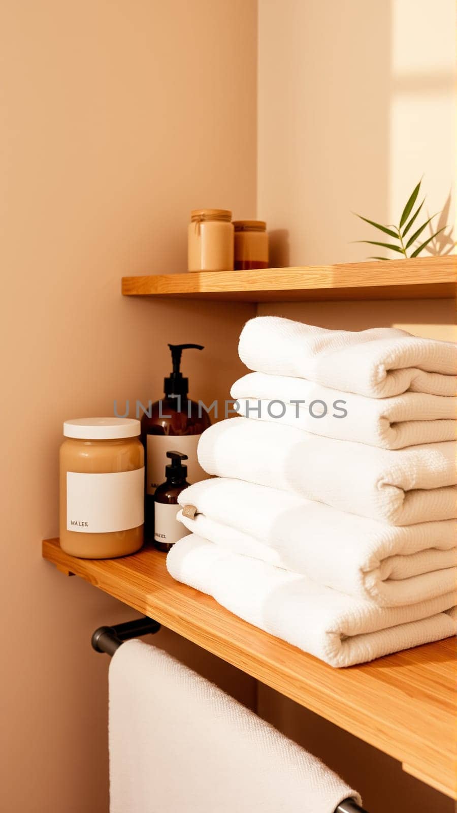 Spa treatment set, wooden shelf with neatly folded towels and dispensers for soap, cream, massage oil. High quality photo