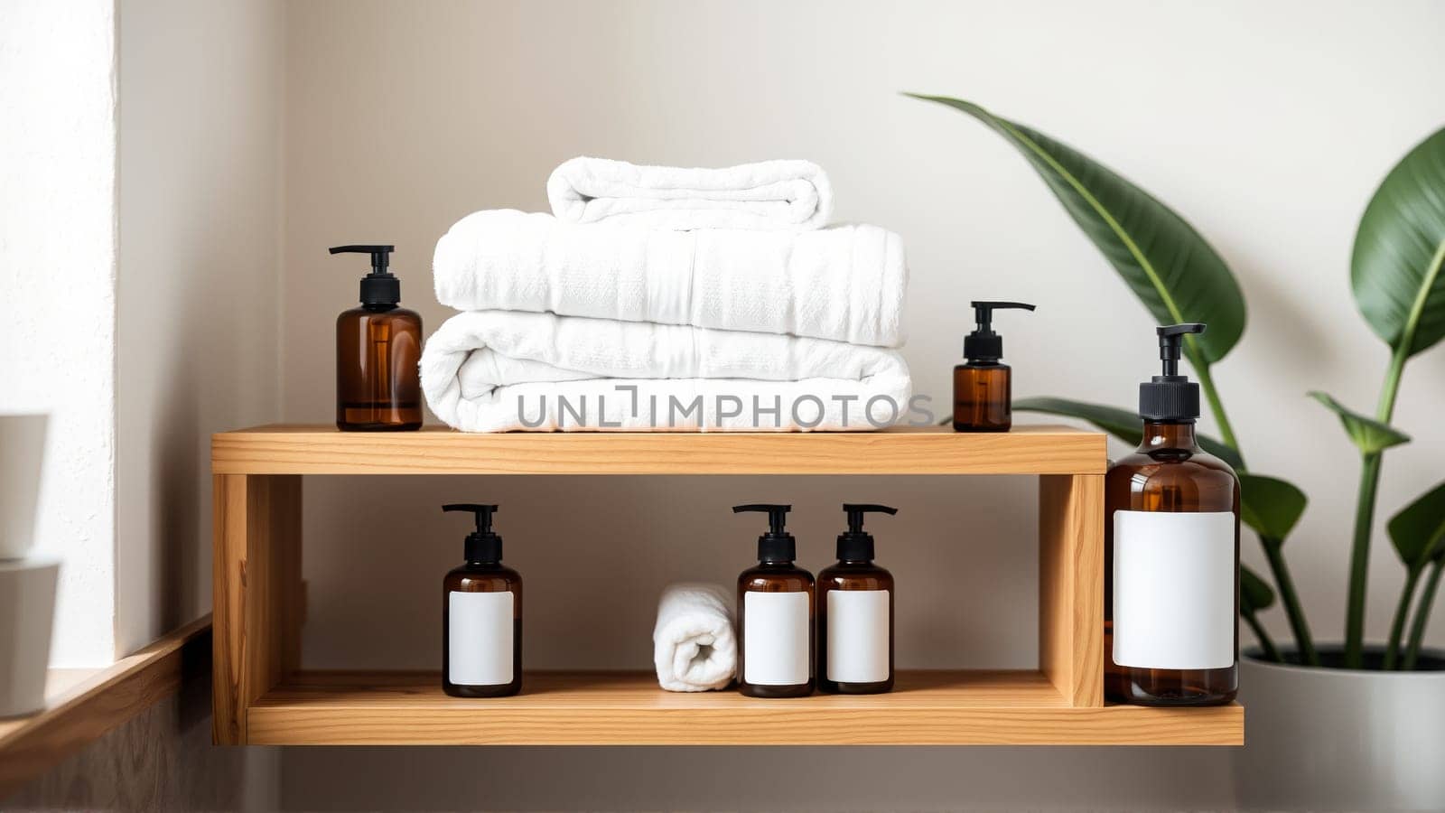 Spa treatment set, wooden shelf with neatly folded towels and dispensers for soap, cream, massage oil. High quality photo