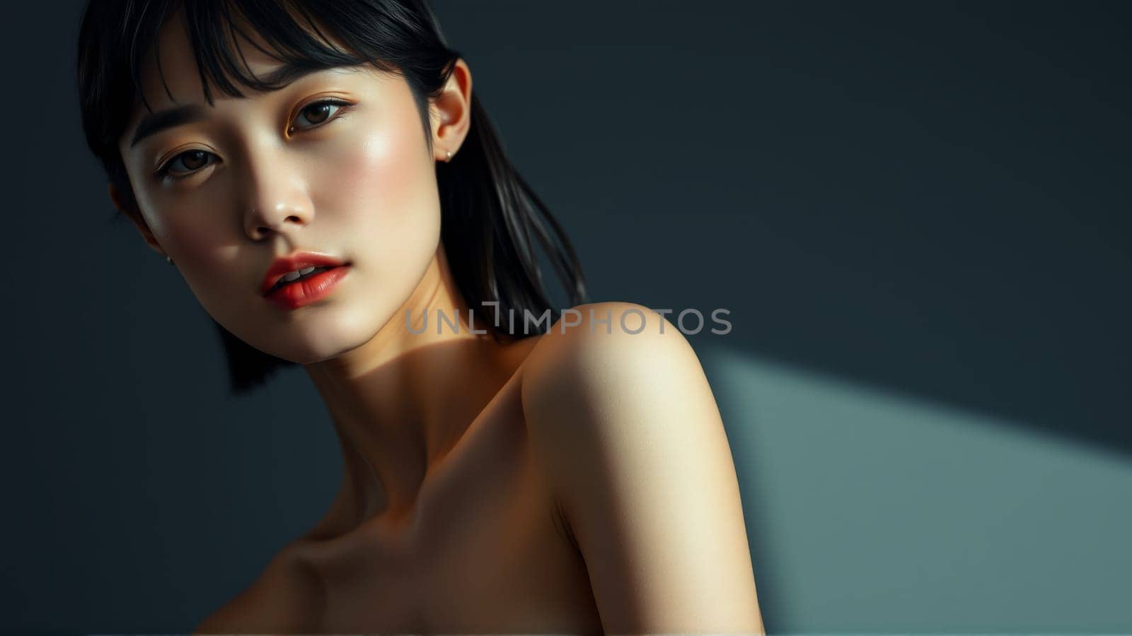 Portrait of beautiful asian woman on isolated grey background. High quality photo