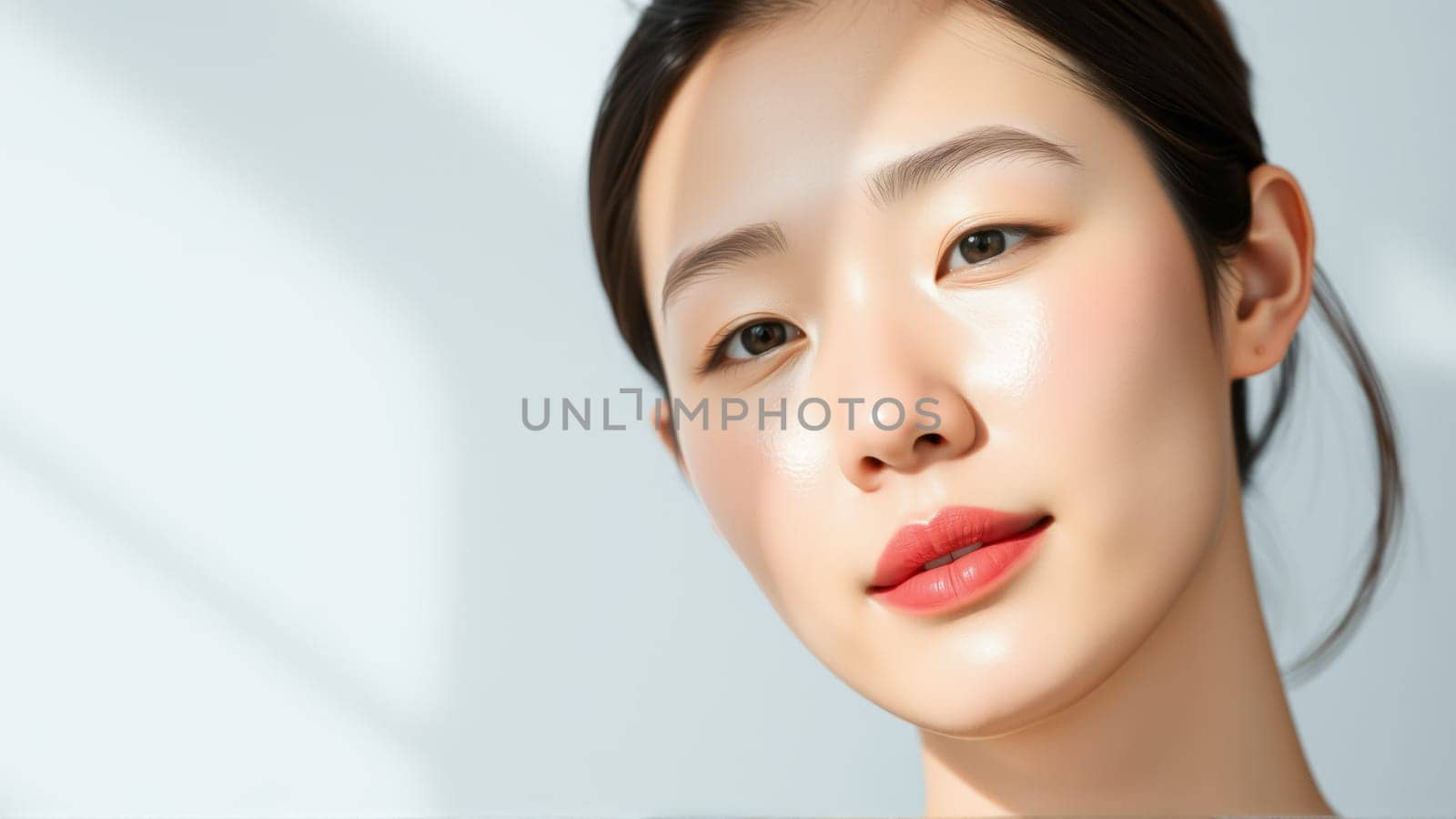 Portrait of beautiful asian woman on isolated grey background. High quality photo