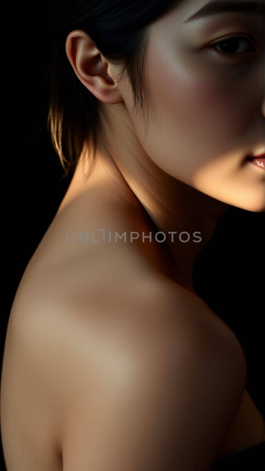 Portrait of beautiful asian woman on isolated dark background. High quality photo