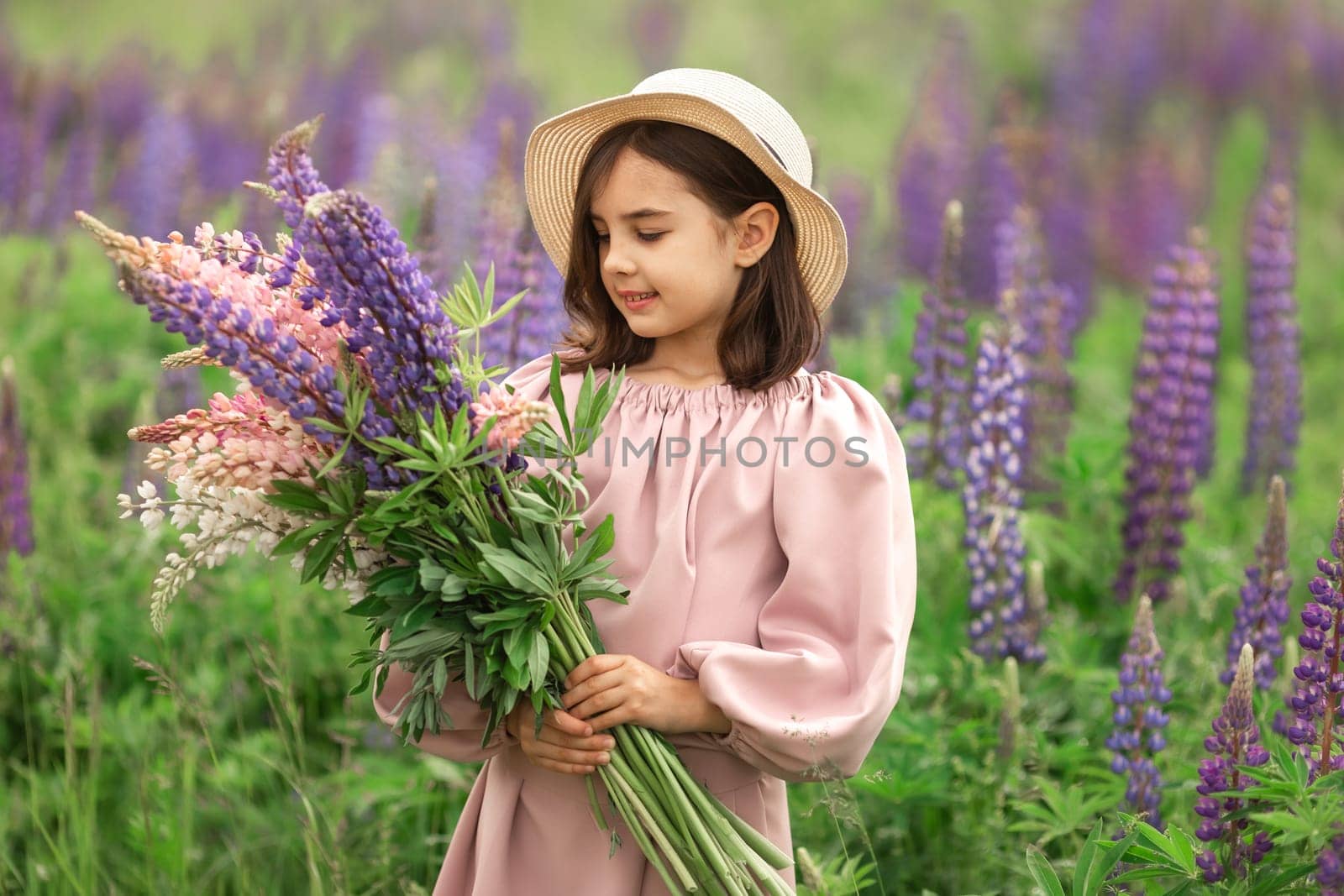 Young caucasian girl in hat holding lupines in blooming field.