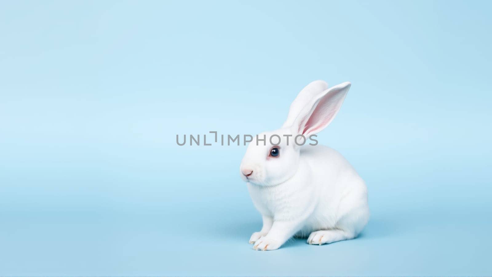 Cute white rabbit on isolated blue background. High quality photo