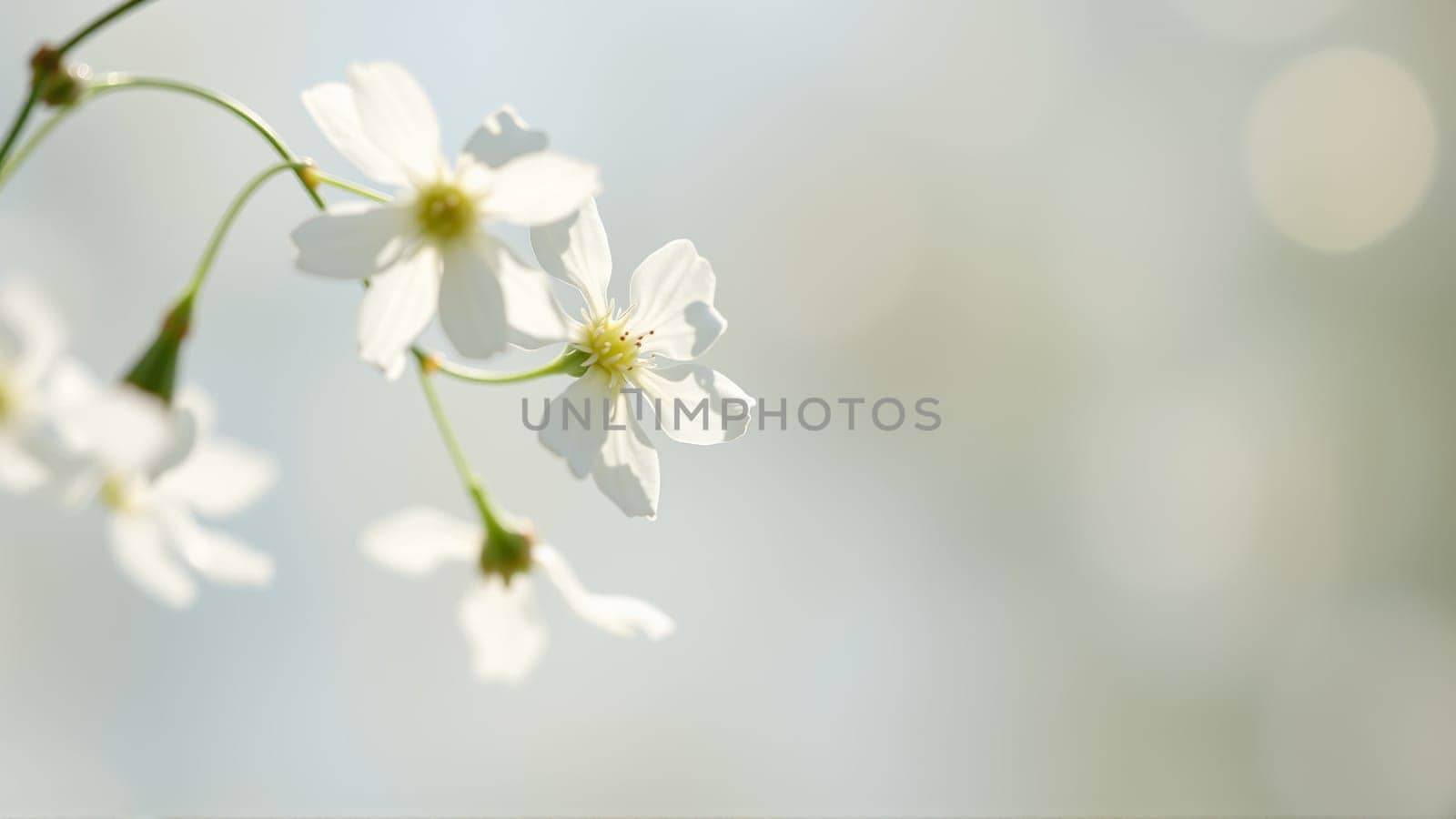 Delicate spring flowers in backlit sunlight, blurred background. High quality photo