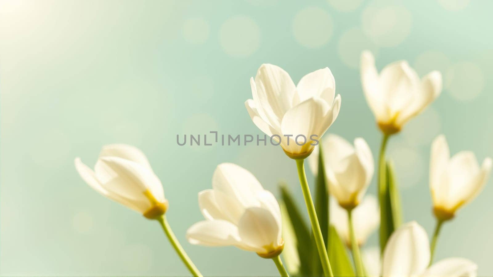 Delicate spring flowers in backlit sunlight, blurred background. High quality photo