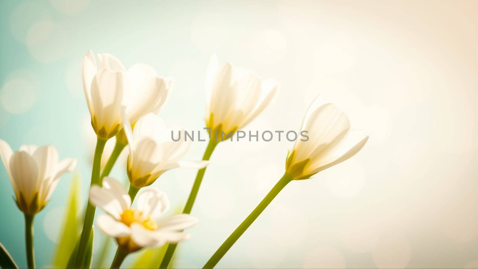 Delicate spring flowers in backlit sunlight, blurred background. High quality photo