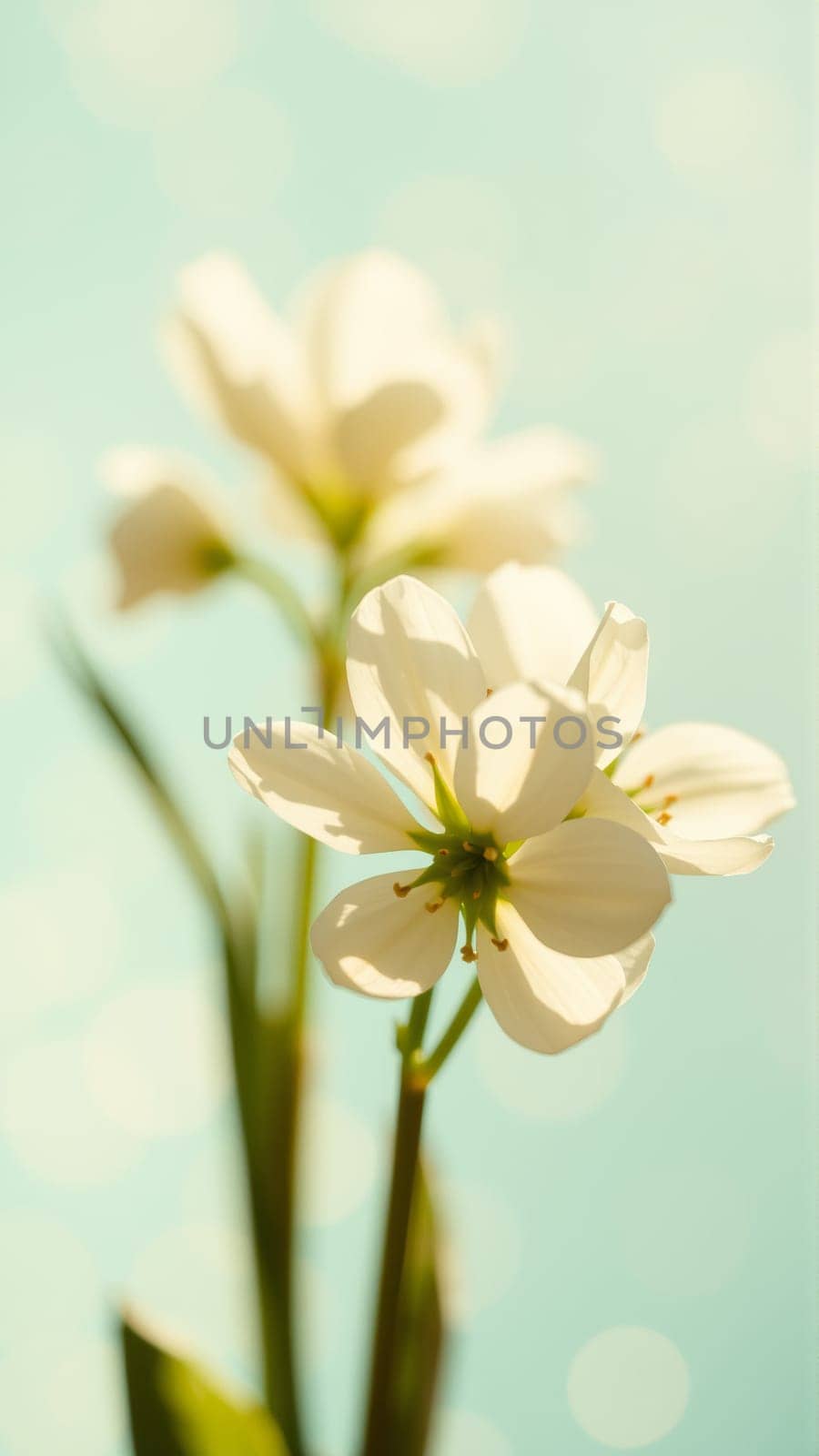 Delicate spring flowers in backlit sunlight, blurred background. High quality photo