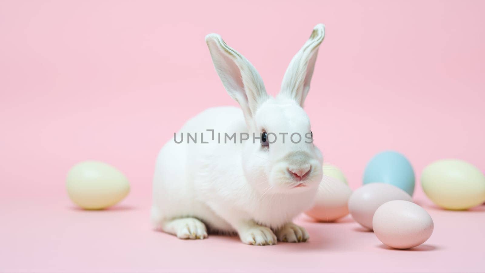 White fluffy rabbit sits on pink isolated background among colorful eggs. High quality photo