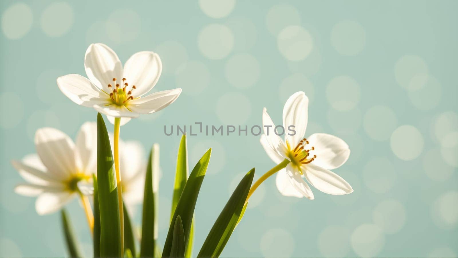 Delicate spring flowers in backlit sunlight, blurred background. High quality photo