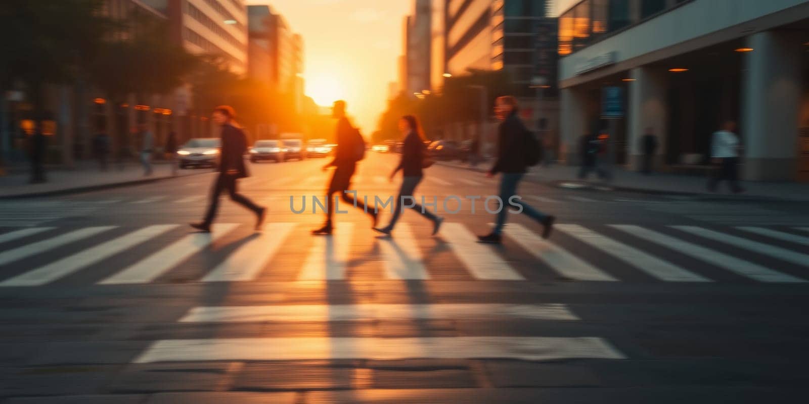 A lot of people walk along the pedestrian crossing during rush hour. High quality photo