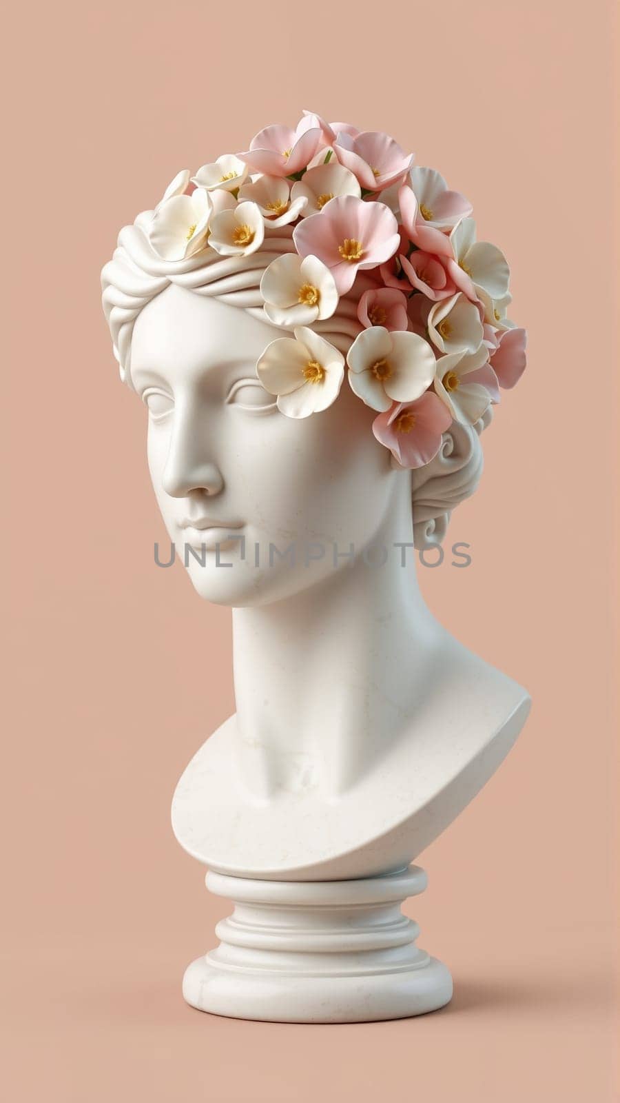 Stone statue covered with spring flowers on isolated background. High quality photo
