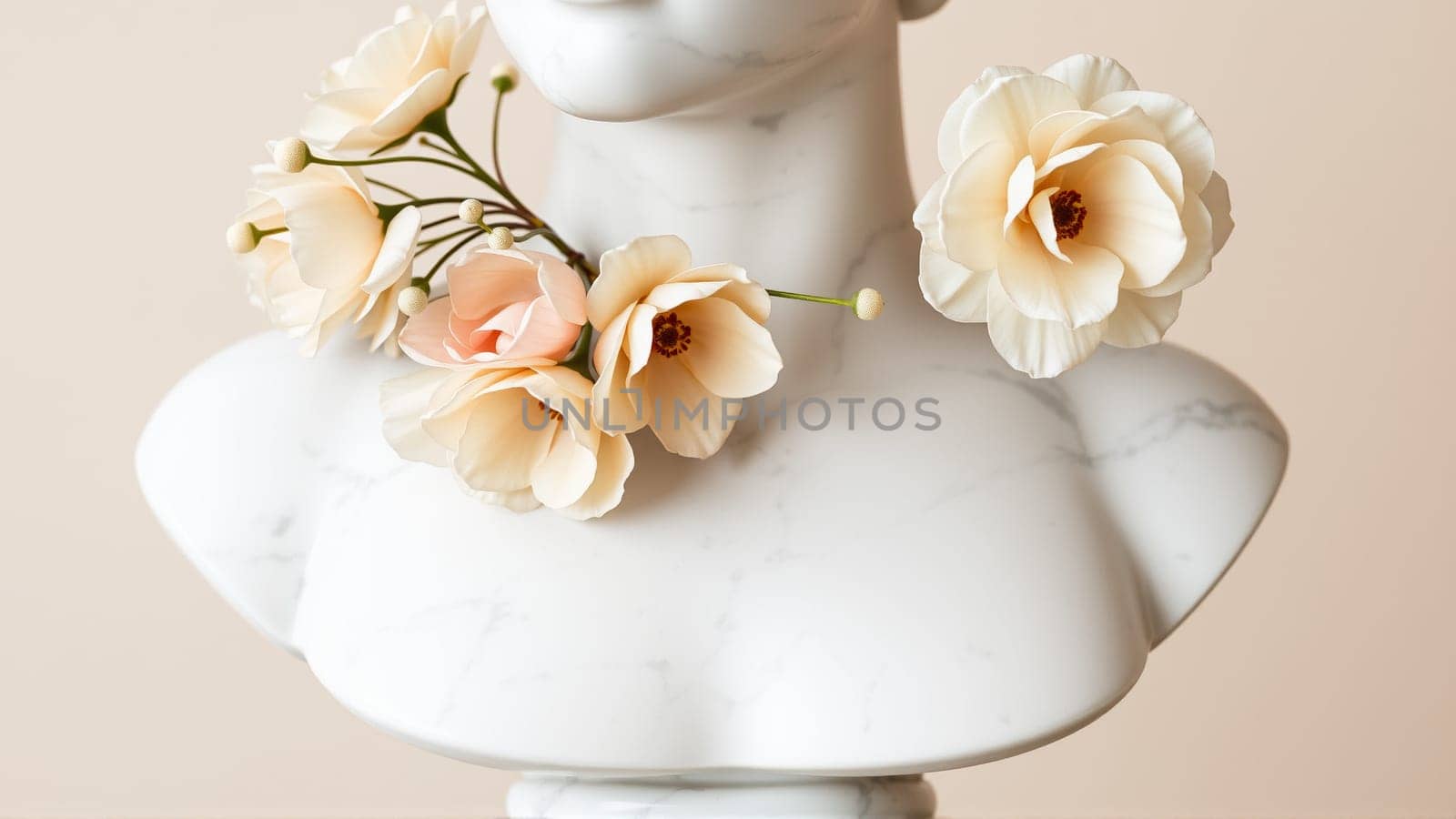 Stone statue covered with spring flowers on isolated background. High quality photo