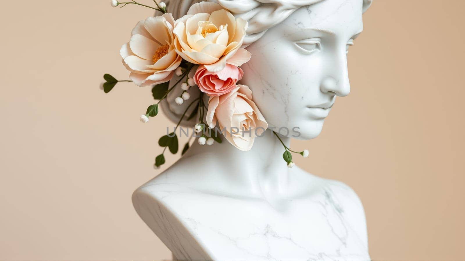 Stone statue covered with spring flowers on isolated background. High quality photo